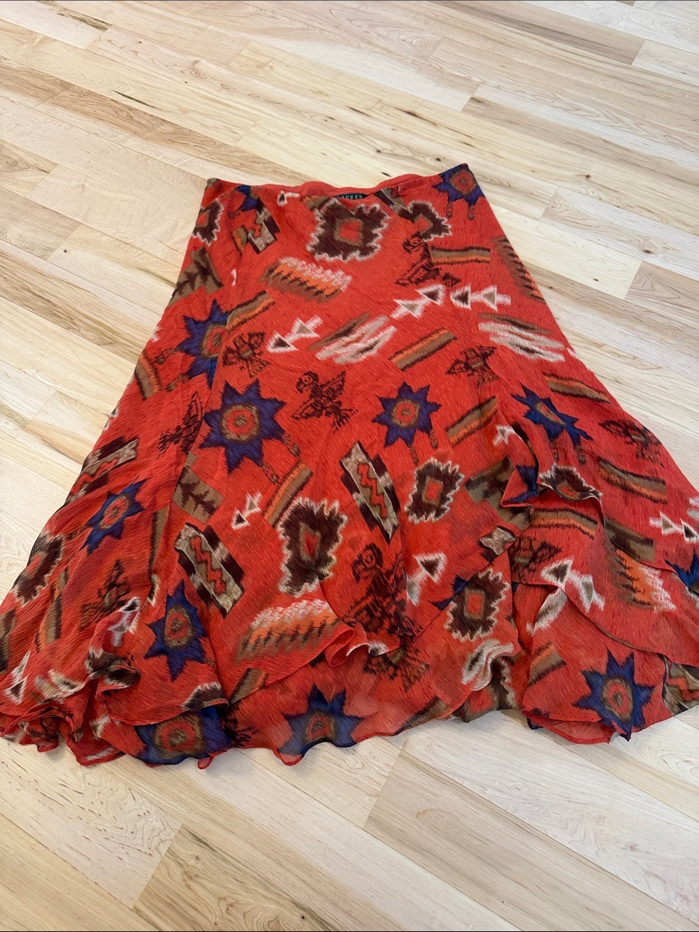 Vibrant Lauren Ralph Lauren orange silk ruffled midi skirt Southwestern Aztec-MP